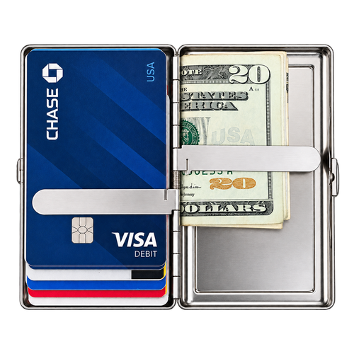 Standard size Ward Tin steel card case open, holding cards, folded cash and earphones