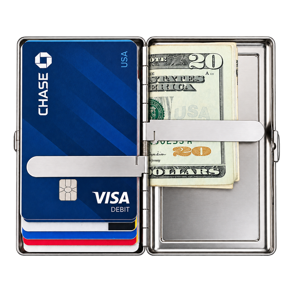 Standard size Ward Tin steel card case open, holding cards, folded cash and earphones