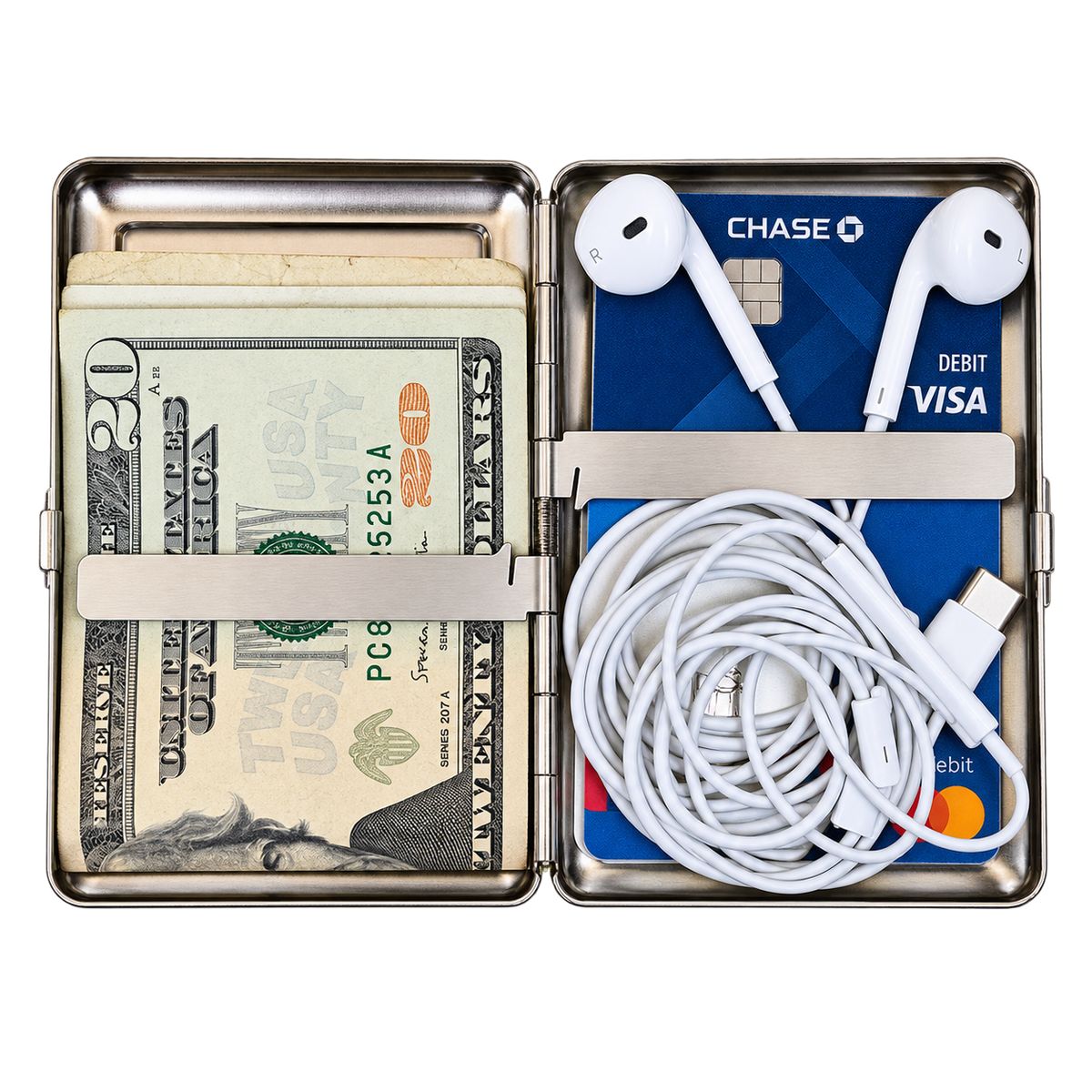 Large size Ward Tin steel card case open, holding cards, folded cash and earphones