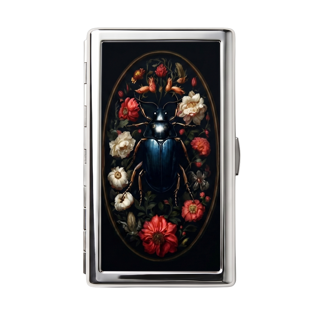 Cabinet Beetle — Ward Tin metal cardholder wallet with an antique specimen-plate beetle