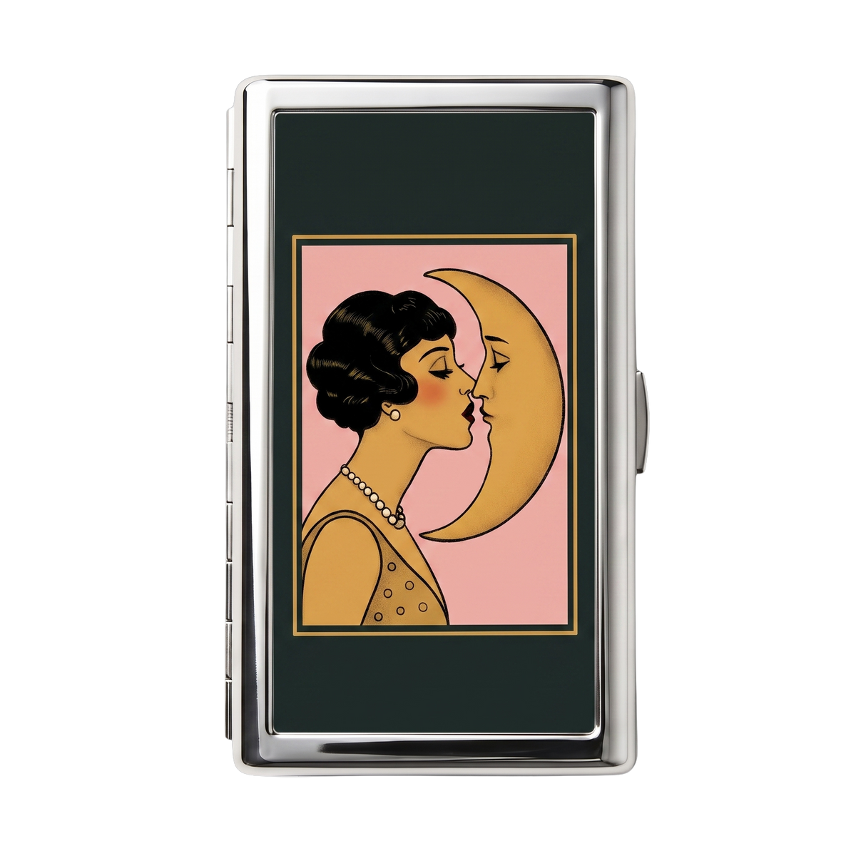 Gilded Hour — Ward Tin metal cardholder wallet with an art deco moon kiss in gold and shadow