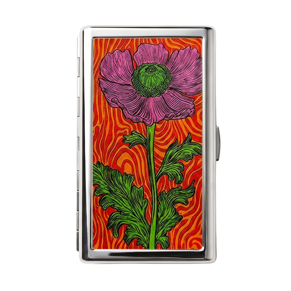 Scarlet Poppy — Ward Tin metal cardholder wallet with a red bloom in faded botanical ink