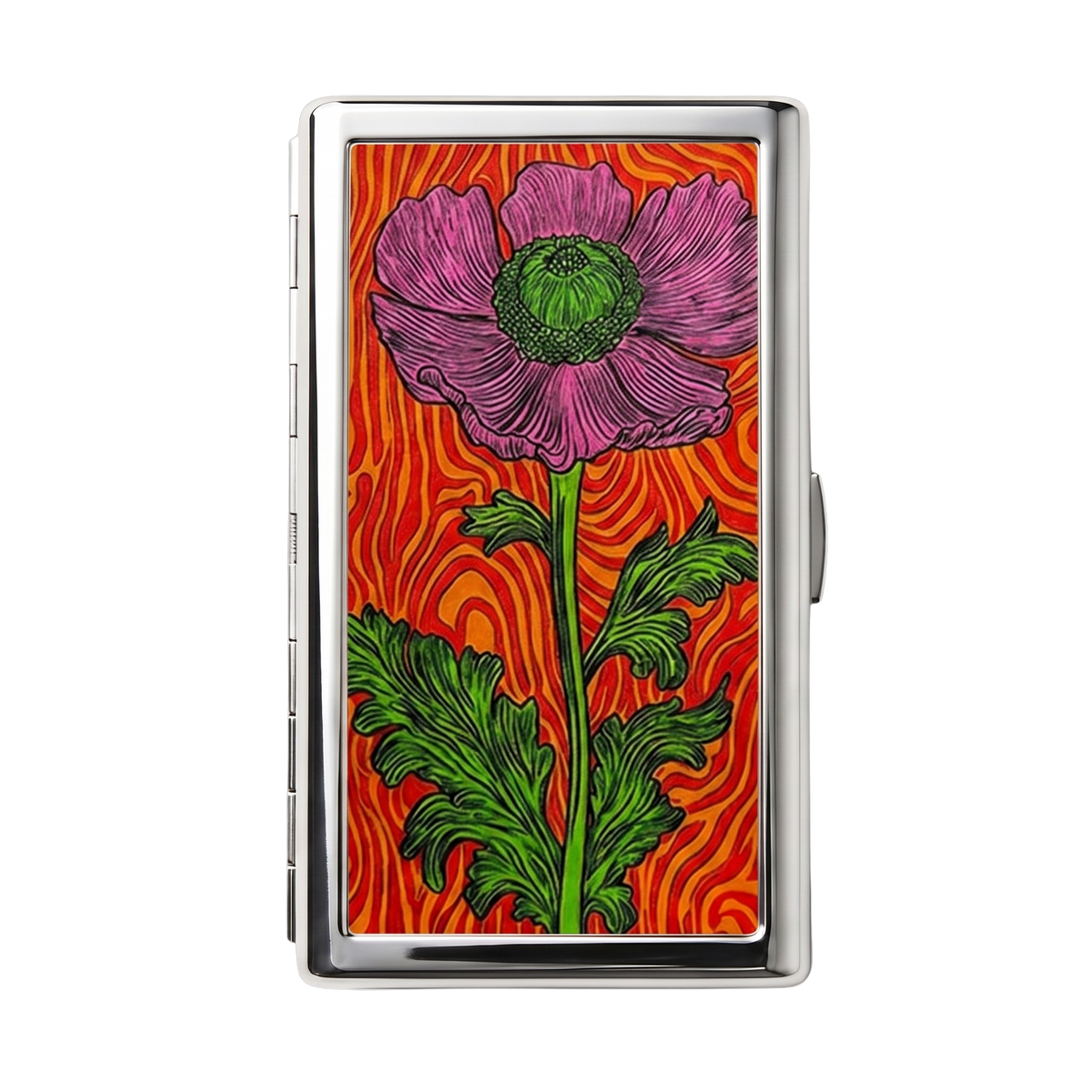 Scarlet Poppy — Ward Tin metal cardholder wallet with a red bloom in faded botanical ink