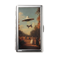 Close Encounter — Ward Tin metal cardholder wallet with a retro flying saucer over a landscape