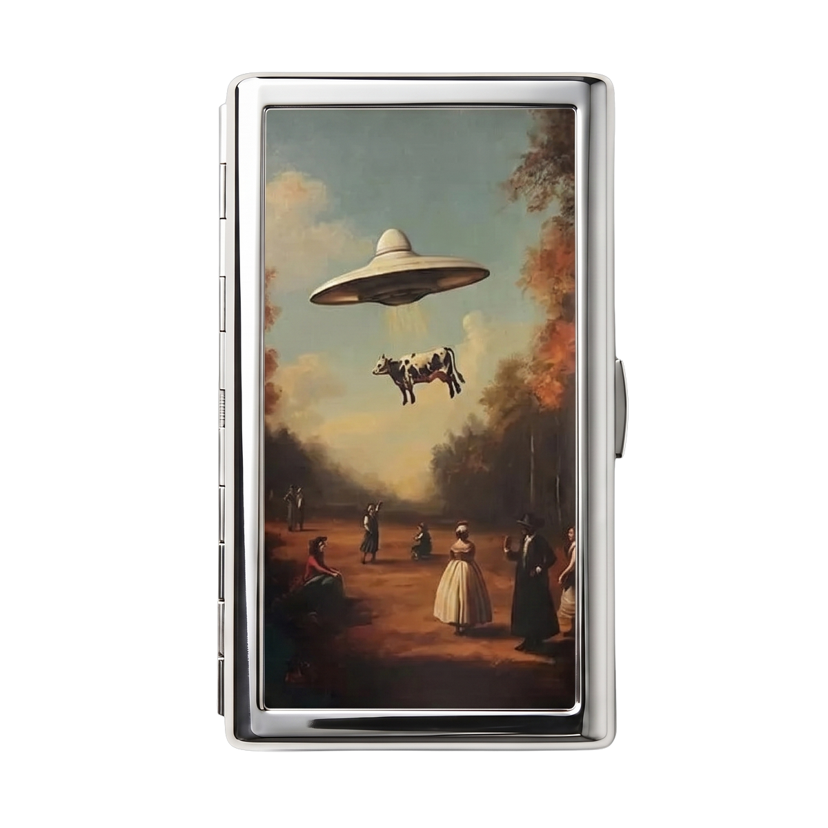 Close Encounter — Ward Tin metal cardholder wallet with a retro flying saucer over a landscape