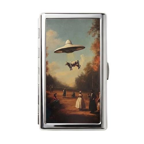 Close Encounter — Ward Tin metal cardholder wallet with a retro flying saucer over a landscape
