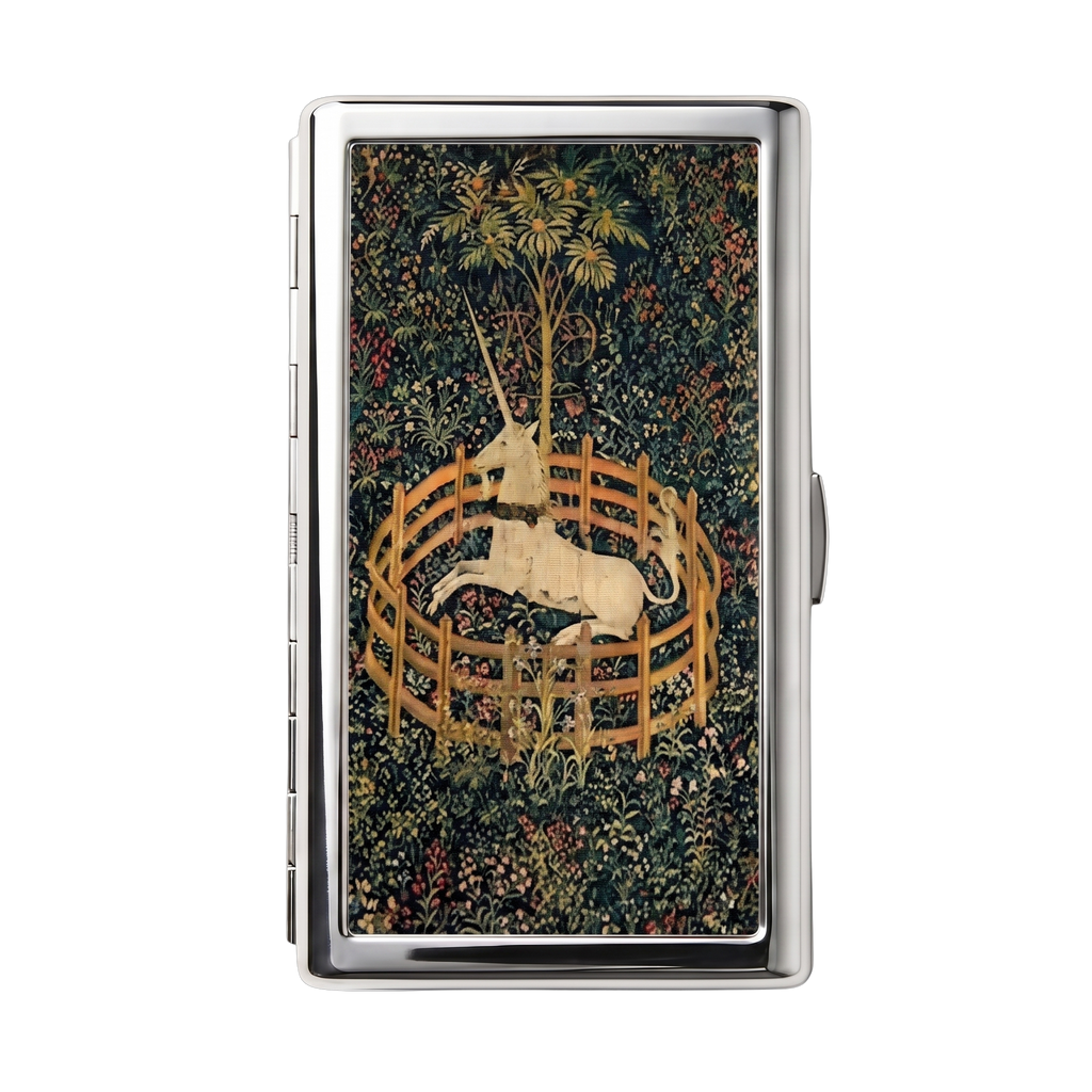 The Tapestry — Ward Tin metal cardholder wallet with a medieval tapestry unicorn