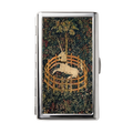 The Tapestry — Ward Tin metal cardholder wallet with a medieval tapestry unicorn