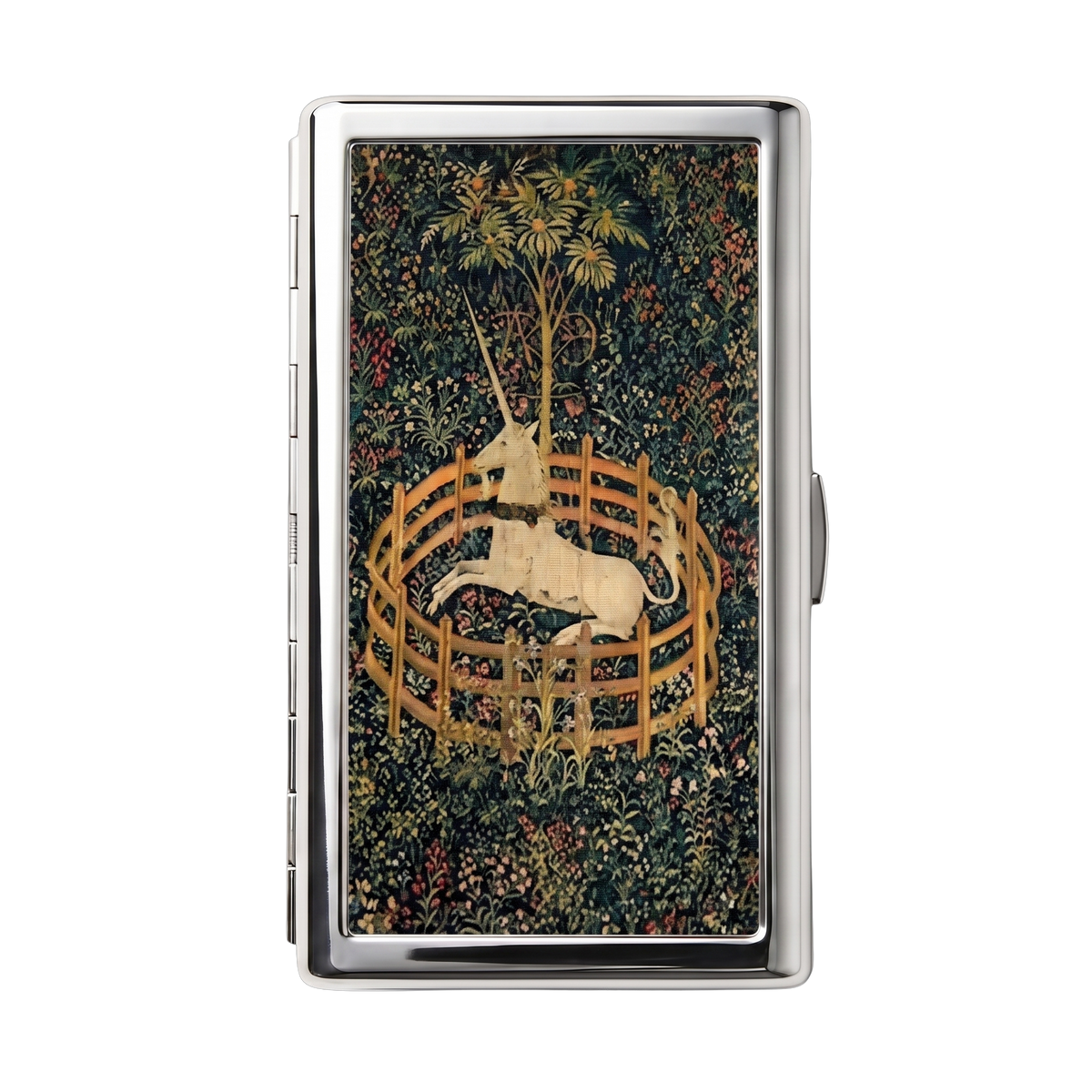 The Tapestry — Ward Tin metal cardholder wallet with a medieval tapestry unicorn