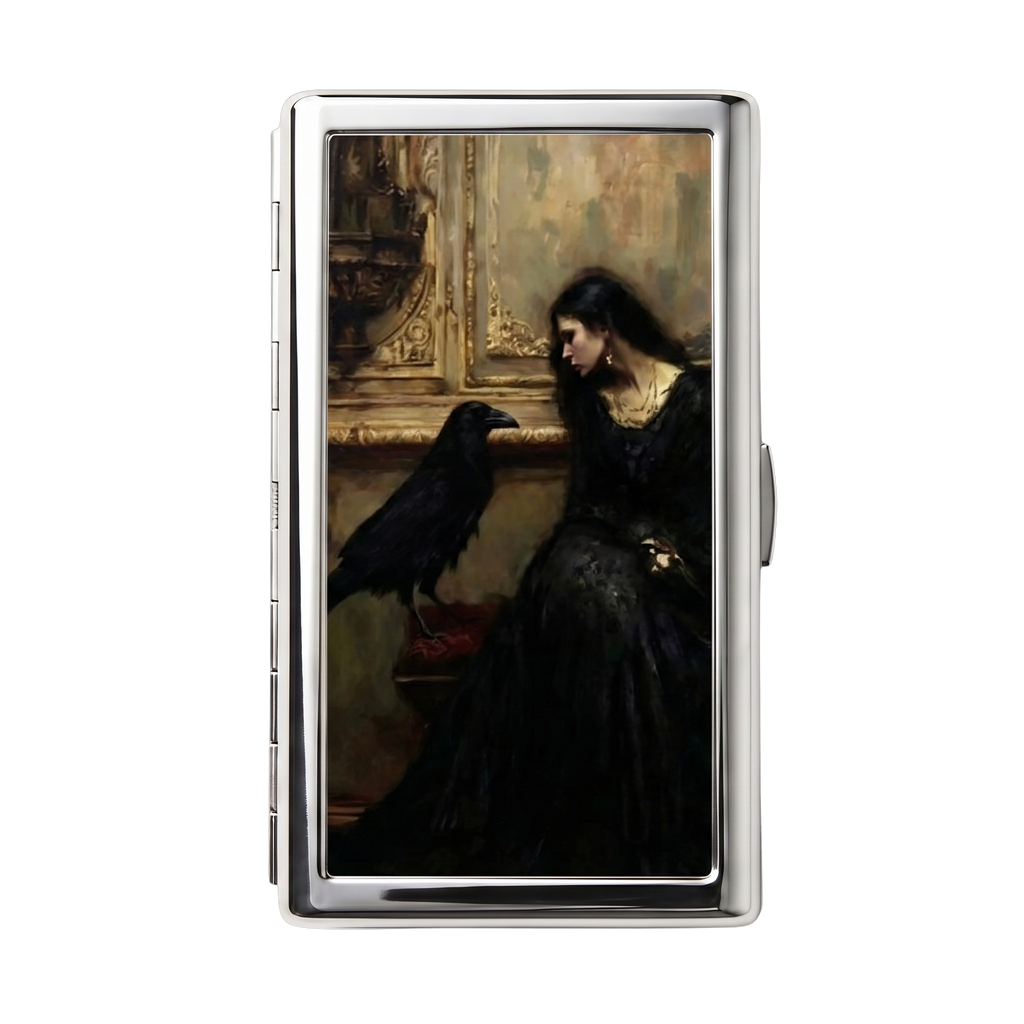 The Omen — Ward Tin metal cardholder wallet with a solitary crow from an old field guide